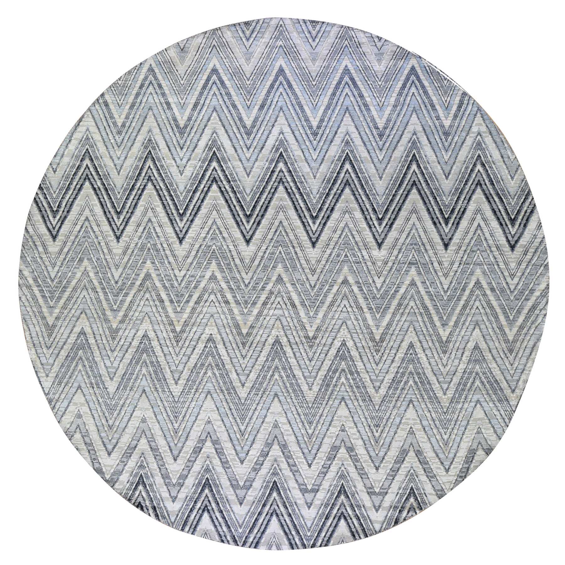 11'9"x11'9" Gray-Blue Chevron Design Textured Wool and Pure Silk Hand Knotted Round Oriental Rug 